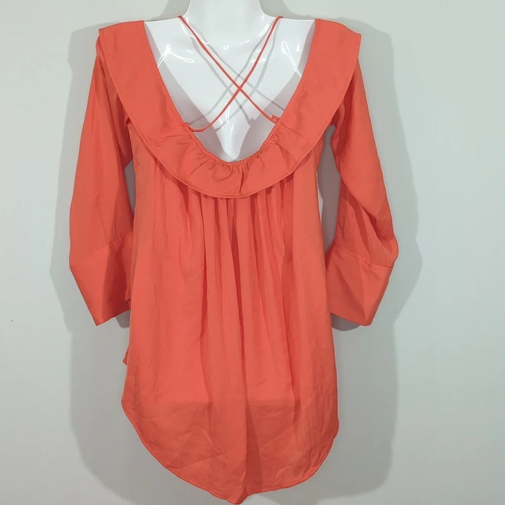 Free People Walk This Way Blouse Coral Off Shoulder Layered  Small‎ Peasant Boho